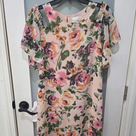 Charles Henry Dresses & Skirts - Charles Henry Pink Floral Cold Shoulder Dress Size M Double Lined Made in USA